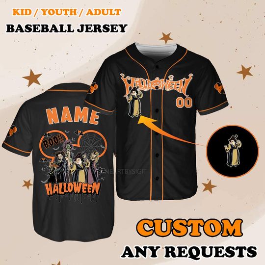 Disney Halloween Boo Jersey, Disney Hocus Pocus Baseball Jersey, Winifred Sanderson Shirt, Sarah Sanderson Jersey, Halloween Party Jersey