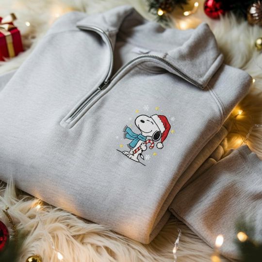 Embroidered Christmas Cartoon Dog Quarter Zip Sweatshirt, Holiday Sweatshirt, Cute Christmas Shirt for Women, Christmas Embroidery Sweater
