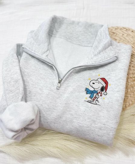 Embroidered Christmas Cartoon Dog Quarter Zip Sweatshirt, Holiday Sweatshirt, Cute Christmas Shirt for Women, Christmas Embroidery Sweater