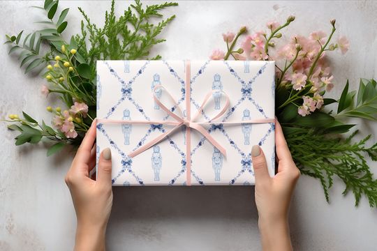 Nutcracker Blue Trellis Wrapping Paper, Christmas Nutcracker Wrapping, Nutcracker Gift Wrap, Christmas Nutcracker Wrap, Holiday Gift Wrap