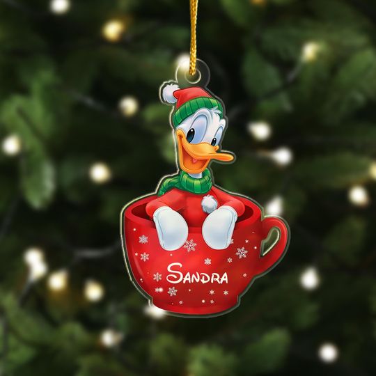 Personalized Donald Duck Christmas Ornament, Customized Christmas Tree Decor, Donald Duck Gift For Kid, Duck In Cup Xmas Keepsake