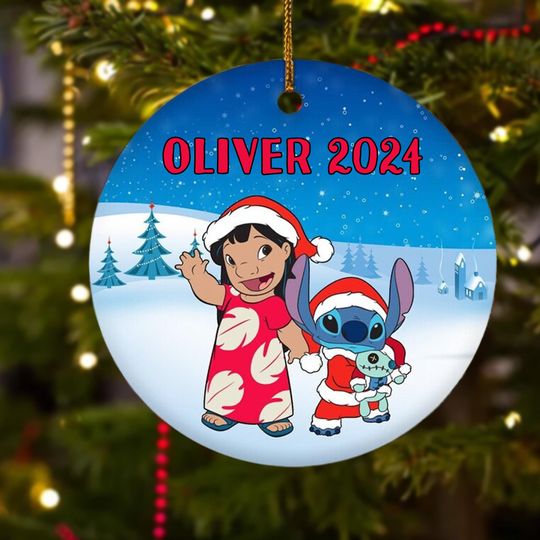 Personalized Stitchmas Ceramic Christmas Ornament, Blue Monster Customized 2024 Christmas Tree Decor, Alien Santa Hat Xmas Gift For Kid