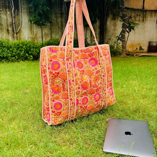Multicolor Quilted Tote Bag: Handblock Print, Travel Friendly