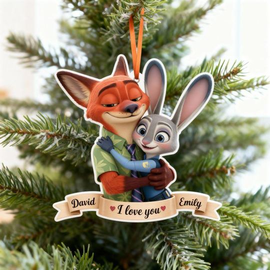 Personalized Couple Fox & Bunny Ornament, Zootopia 2 Ornament, Romantic Christmas Tree Decor for Couples