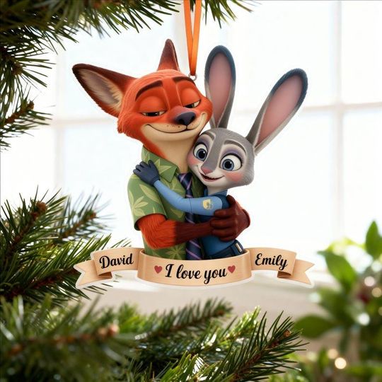 Personalized Couple Fox & Bunny Ornament, Zootopia 2 Ornament, Romantic Christmas Tree Decor for Couples