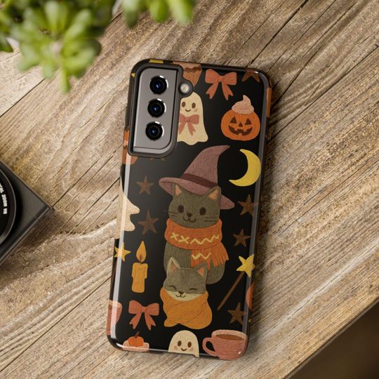 Halloween Tough Phone Case Cute Cat and Ghosts Embroidered Look Cover for iPhone Samsung,  Aesthetic Phone Cover, Perfect for Cat Lovers