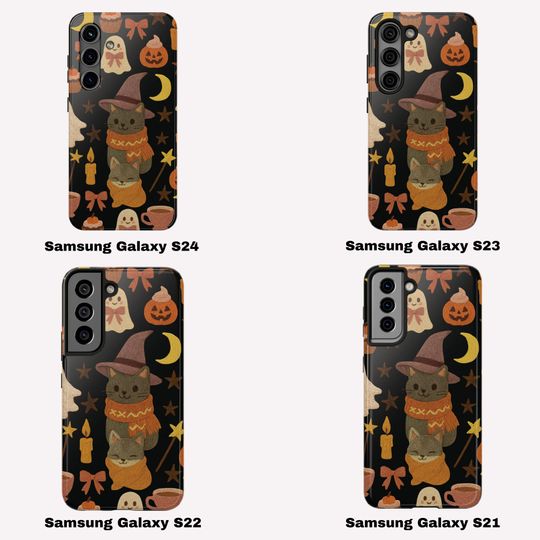 Halloween Tough Phone Case Cute Cat and Ghosts Embroidered Look Cover for iPhone Samsung,  Aesthetic Phone Cover, Perfect for Cat Lovers