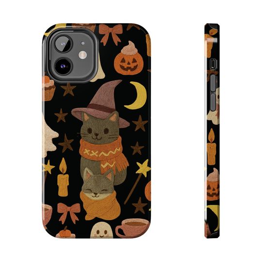 Halloween Tough Phone Case Cute Cat and Ghosts Embroidered Look Cover for iPhone Samsung,  Aesthetic Phone Cover, Perfect for Cat Lovers