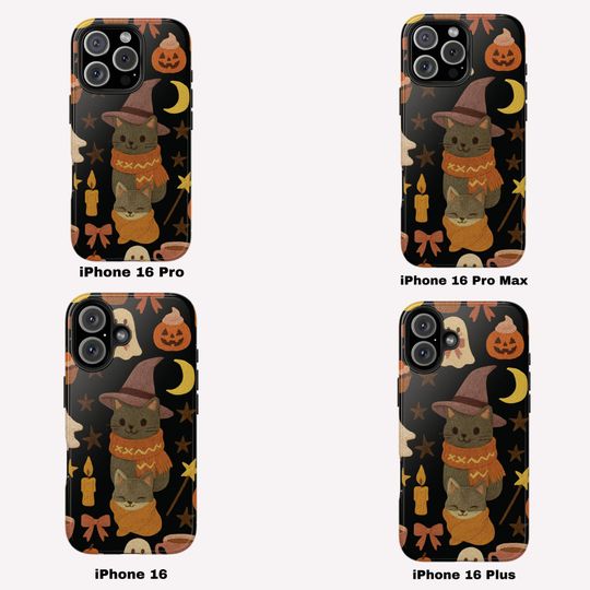 Halloween Tough Phone Case Cute Cat and Ghosts Embroidered Look Cover for iPhone Samsung,  Aesthetic Phone Cover, Perfect for Cat Lovers