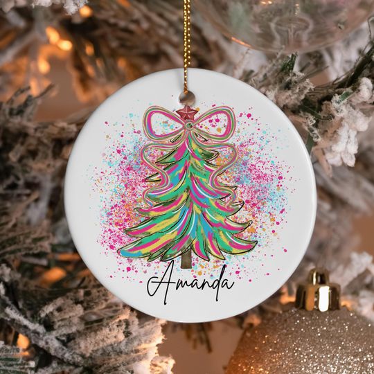 Watercolor Christmas Tree Ceramic Ornament, Pink Bow Decor