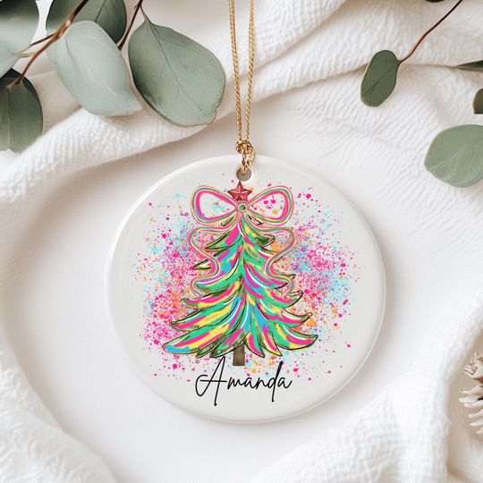 Watercolor Christmas Tree Ceramic Ornament, Pink Bow Decor