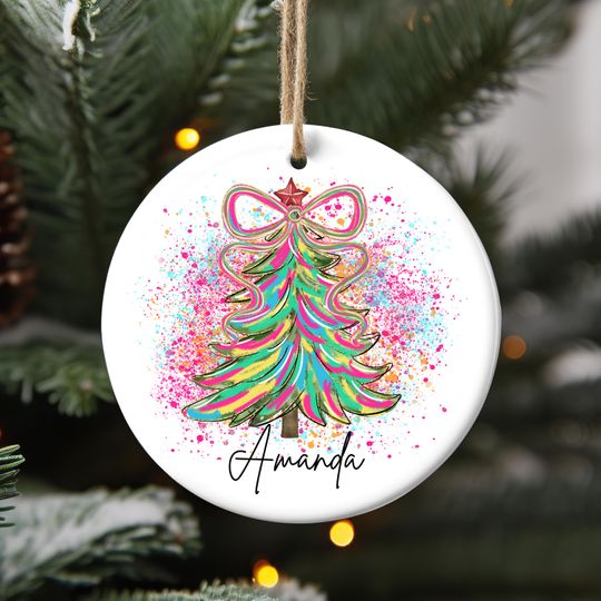Watercolor Christmas Tree Ceramic Ornament, Pink Bow Decor