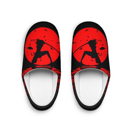 Men's Indoor Slippers: Red Samurai Design, Cozy Flannel Fleece