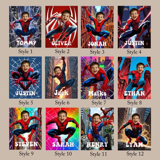 Custom Spider Boy Fleece Blanket with Name, Personalized Superhero Baby Face Minky Blanket, Kids Christmas Gift