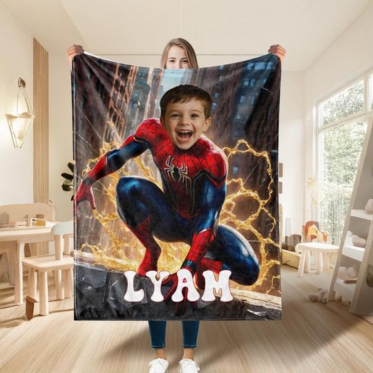 Custom Spider Boy Fleece Blanket with Name, Personalized Superhero Baby Face Minky Blanket, Kids Christmas Gift