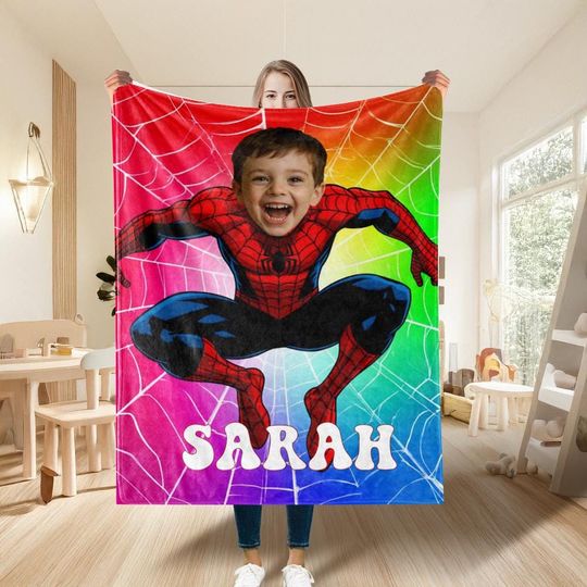 Custom Spider Boy Fleece Blanket with Name, Personalized Superhero Baby Face Minky Blanket, Kids Christmas Gift