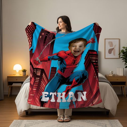 Custom Spider Boy Fleece Blanket with Name, Personalized Superhero Baby Face Minky Blanket, Kids Christmas Gift