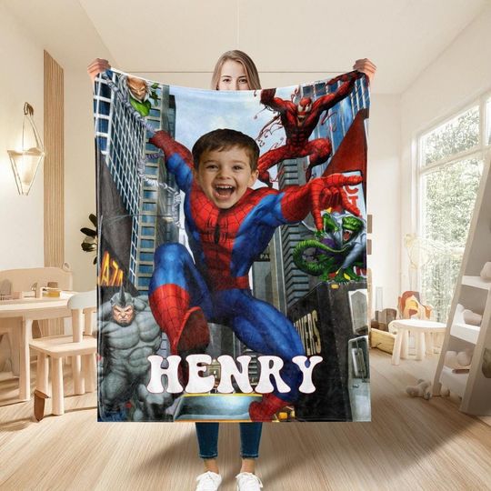 Custom Spider Boy Fleece Blanket with Name, Personalized Superhero Baby Face Minky Blanket, Kids Christmas Gift