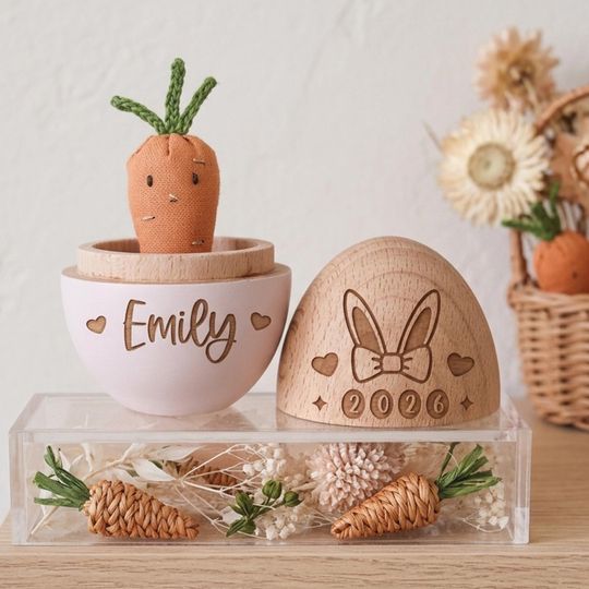 Personalized Wooden Easter Egg with Carry Handle, Custom Kids Name Baby Keepsake Gift, Fillable Surprise Engraved Egg