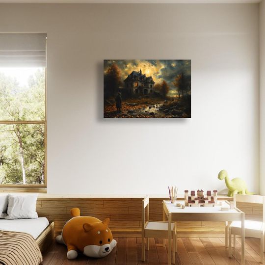 Haunted House Wall Art Spooky Abandoned Scene Glowing Windows Framed Halloween Poster