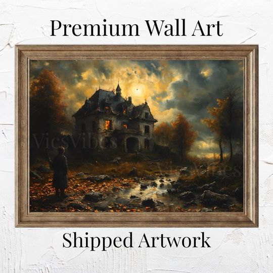 Haunted House Wall Art Spooky Abandoned Scene Glowing Windows Framed Halloween Poster