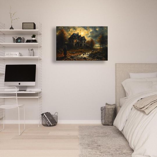 Haunted House Wall Art Spooky Abandoned Scene Glowing Windows Framed Halloween Poster