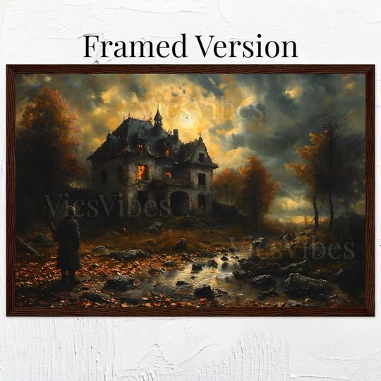 Haunted House Wall Art Spooky Abandoned Scene Glowing Windows Framed Halloween Poster