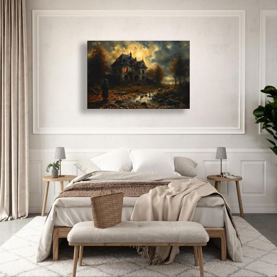 Haunted House Wall Art Spooky Abandoned Scene Glowing Windows Framed Halloween Poster