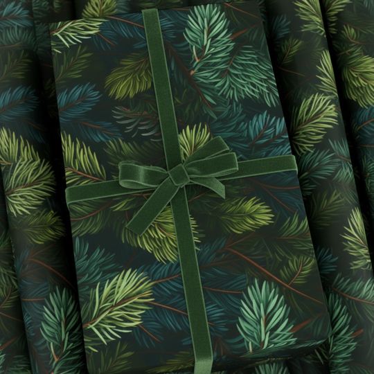 Colorado Spruce Tree Gift Wrap, Evergreen Christmas Wrapping Paper, Dark Green