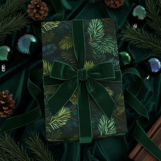 Colorado Spruce Tree Gift Wrap, Evergreen Christmas Wrapping Paper, Dark Green
