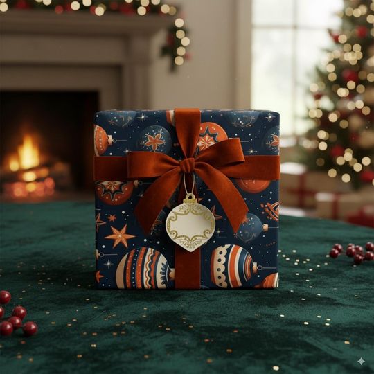 Navy Christmas Wrapping Paper: Festive Ornaments, Stars, Retro Style