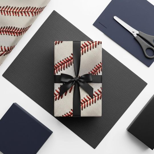 Baseball Gift Wrap: Sports Theme Wrapping Paper, Red Stitched Leather