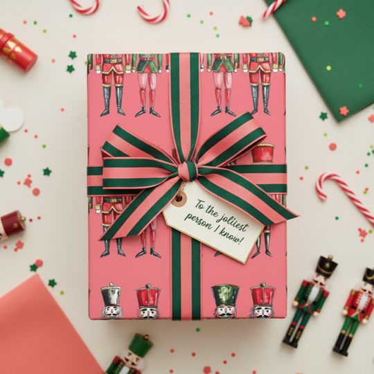 Nutcracker Christmas Wrapping Paper Pink Red Green Holiday Gift Wrap