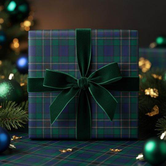 Plaid Tartan Wrapping Paper, Dark Green Gift Wrap, Purple Blue Holiday Christmas Paper