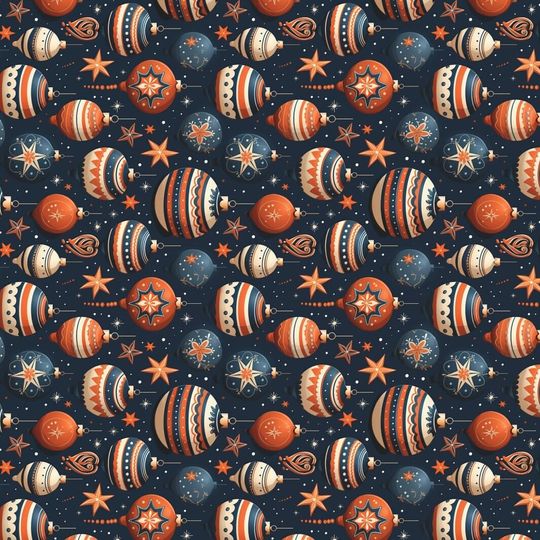 Navy Christmas Wrapping Paper: Festive Ornaments, Stars, Retro Style
