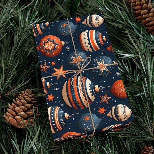 Navy Christmas Wrapping Paper: Festive Ornaments, Stars, Retro Style