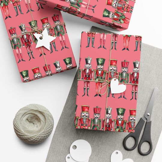 Nutcracker Christmas Wrapping Paper Pink Red Green Holiday Gift Wrap