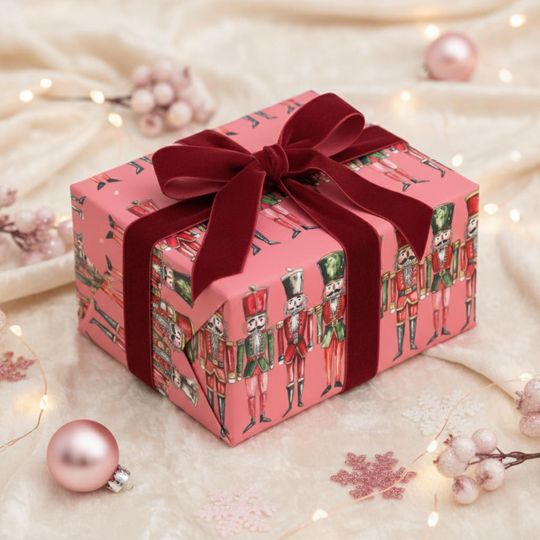 Nutcracker Christmas Wrapping Paper Pink Red Green Holiday Gift Wrap