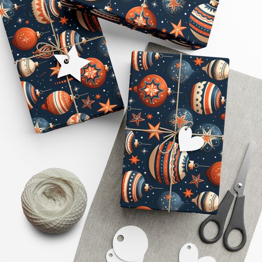 Navy Christmas Wrapping Paper: Festive Ornaments, Stars, Retro Style