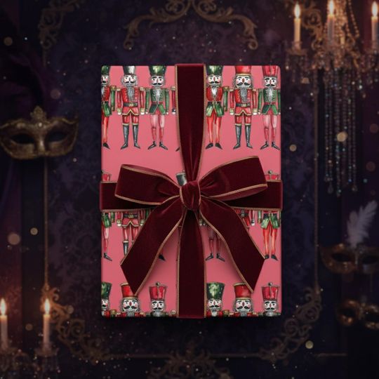 Nutcracker Christmas Wrapping Paper Pink Red Green Holiday Gift Wrap