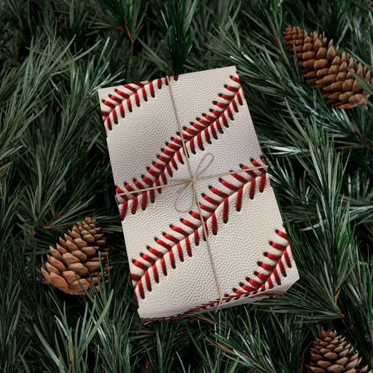 Baseball Gift Wrap: Sports Theme Wrapping Paper, Red Stitched Leather