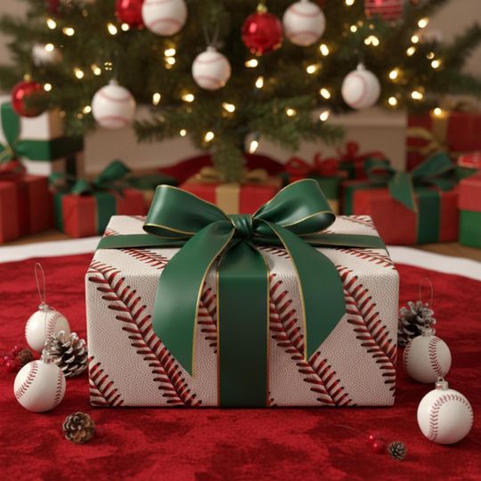 Baseball Gift Wrap: Sports Theme Wrapping Paper, Red Stitched Leather