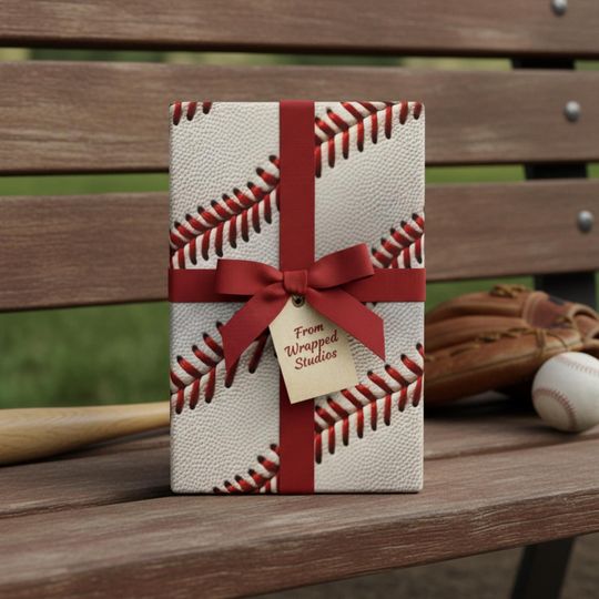 Baseball Gift Wrap: Sports Theme Wrapping Paper, Red Stitched Leather