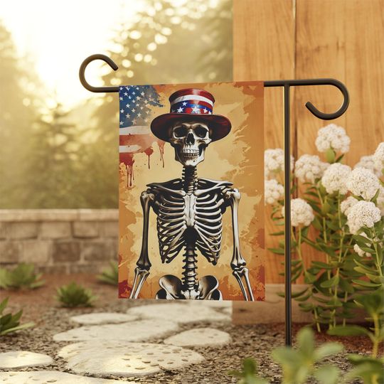 Skeleton Patriotic Top Hat Garden Flag: Spooky Halloween Yard Art