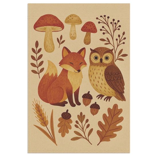 Rustic Folk Garden Flag: Autumn Woodland Fox, Owl & Mushroom Decor