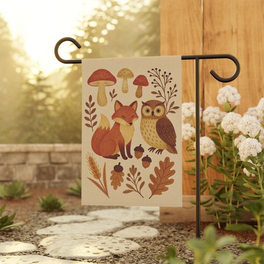 Rustic Folk Garden Flag: Autumn Woodland Fox, Owl & Mushroom Decor
