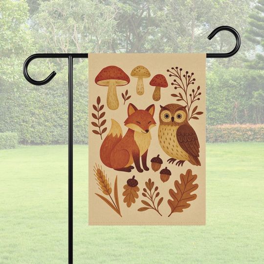 Rustic Folk Garden Flag: Autumn Woodland Fox, Owl & Mushroom Decor