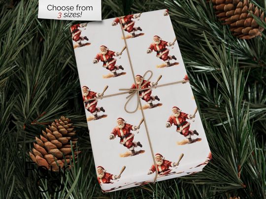 Santa Playing Baseball Wrapping Paper, Boy Christmas Gift Wrap