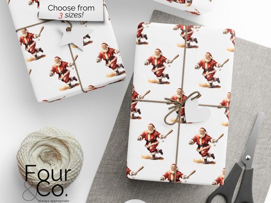 Santa Playing Baseball Wrapping Paper, Boy Christmas Gift Wrap