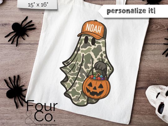 Camo Ghost Halloween Tote, Boys Trick or Treat Bag, Camo Halloween